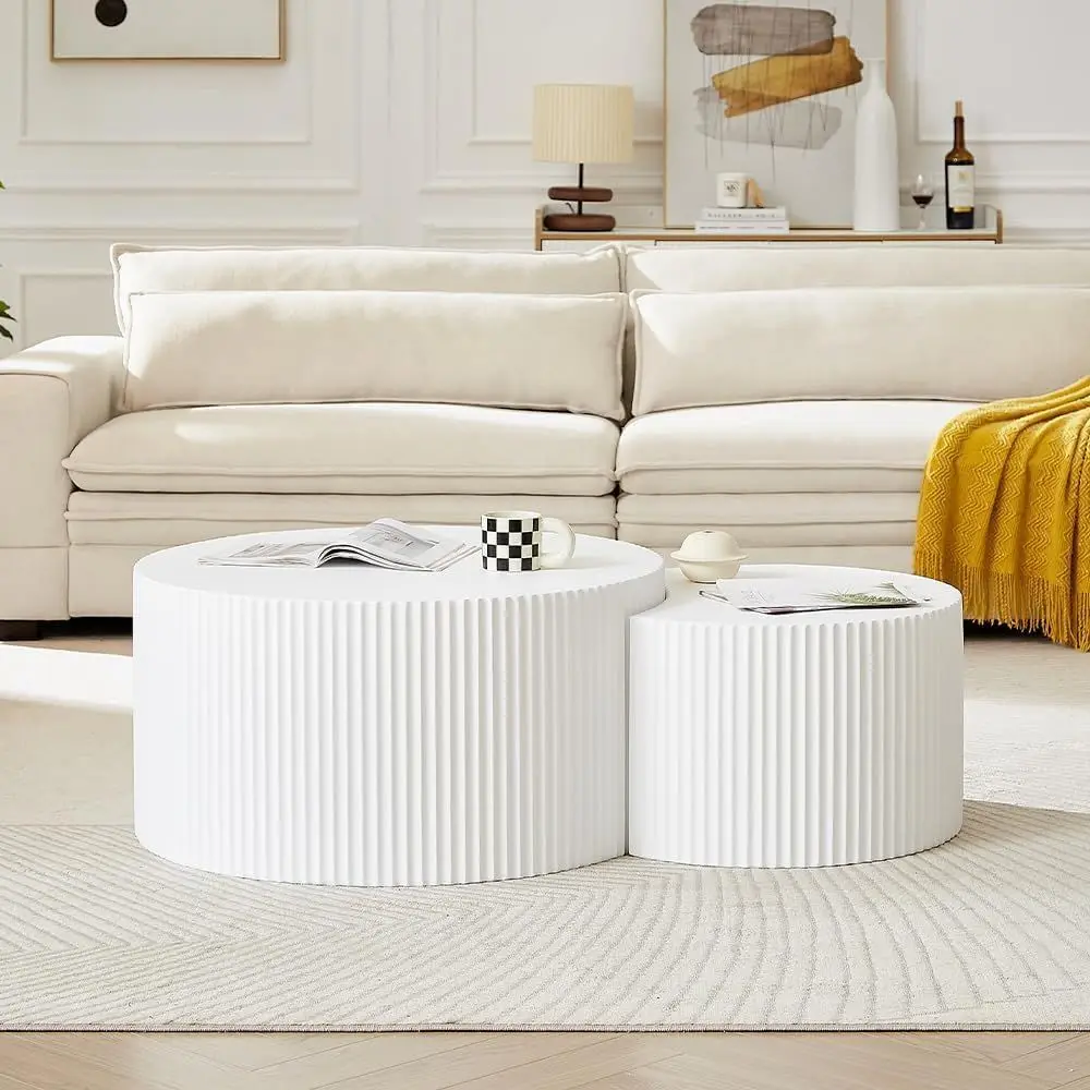 

Round Wooden Coffee Table Set for Living Room, Modern Nesting Design, White Crescent-Shaped Side Tables, No Assembly Required