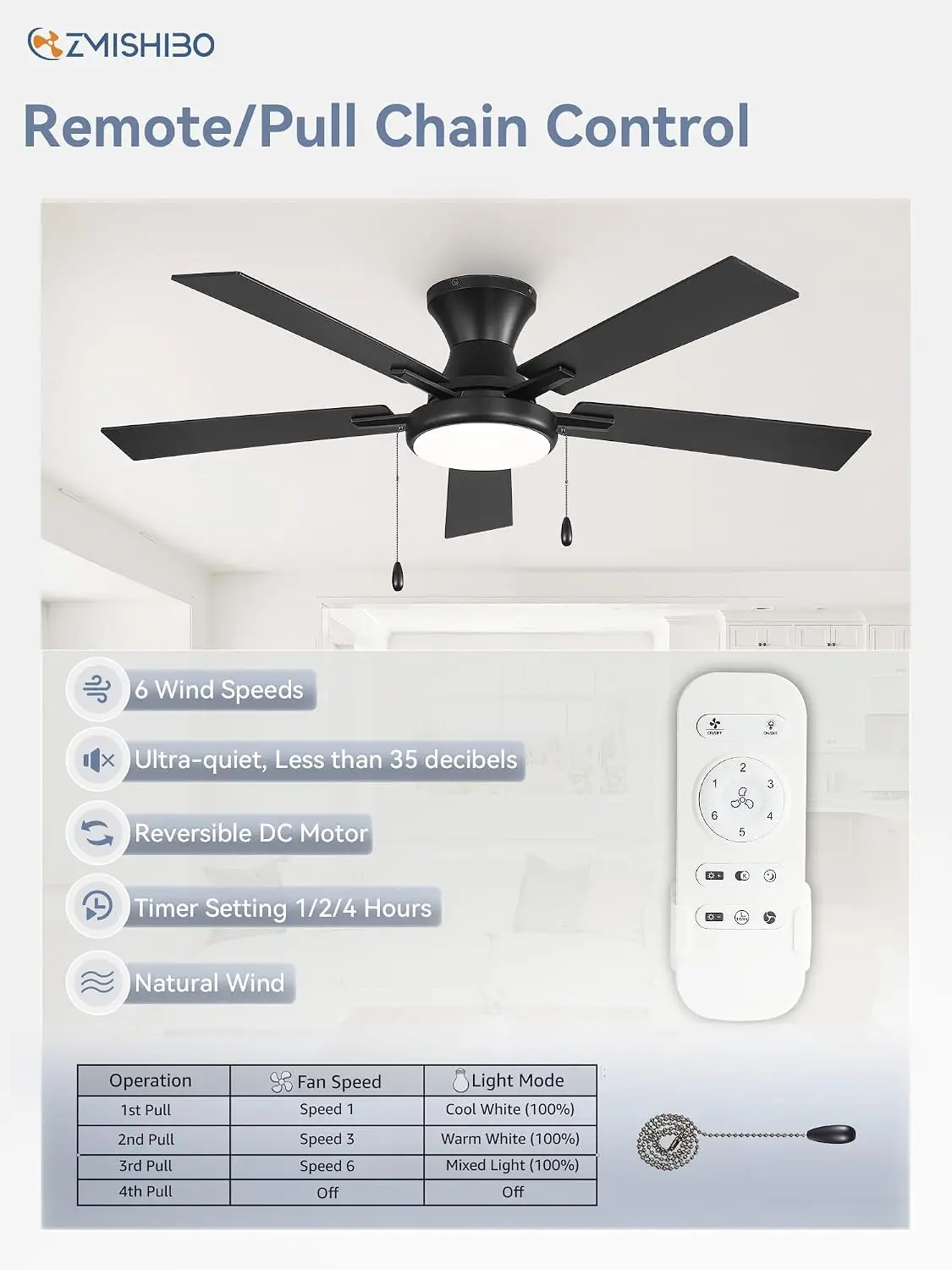 52 Inch Low Profile Ceiling Fan with Lights, Flush Mount Reversible Dimmable Noiseless Fan, Pull Chain and Remote Control Included, Black Pull Cord Ceiling Fan for Bedroom