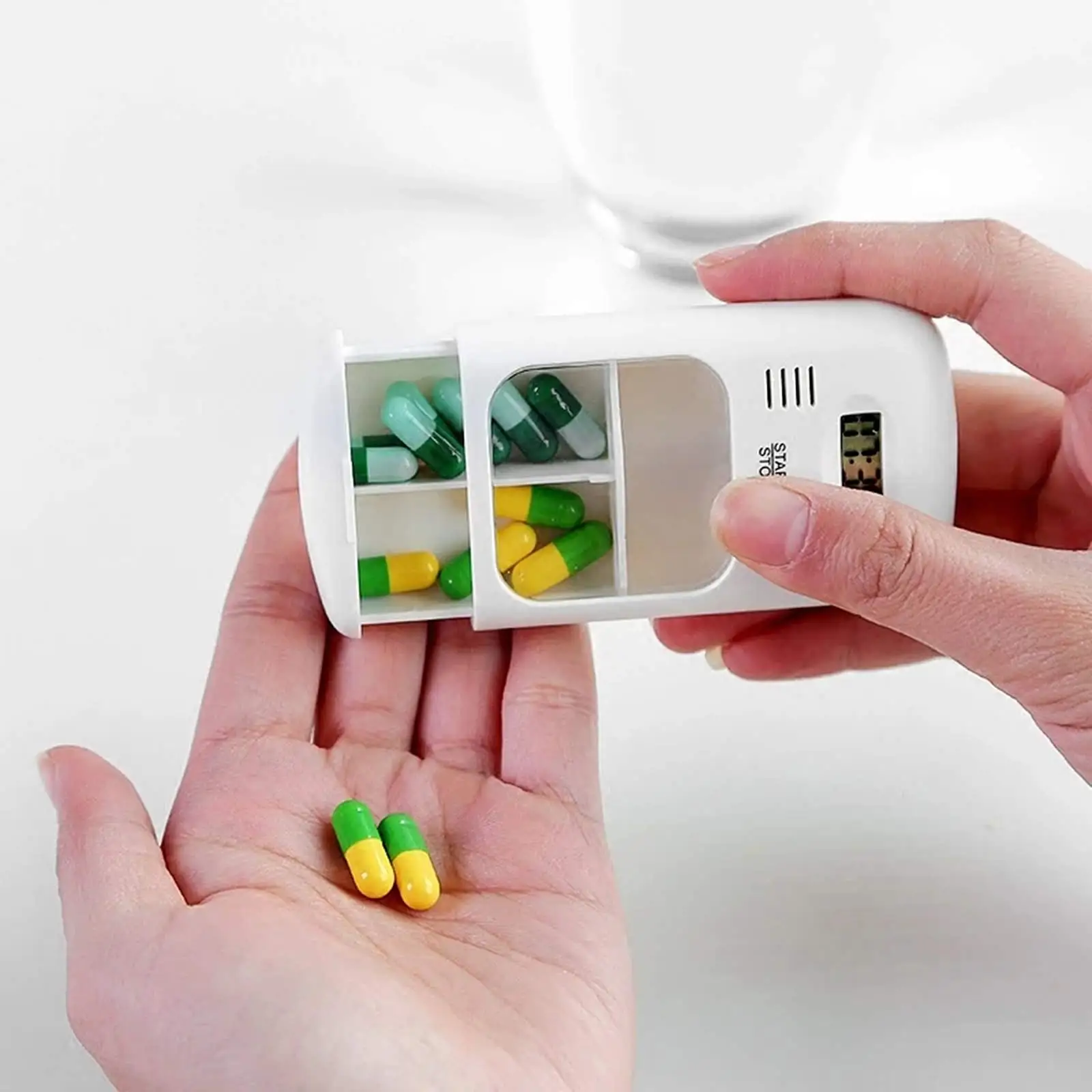 Mini Portable Electronic Intelligent Medicine Box, Transparent Two-compartment Design Pill Box, with Timing Reminder and Alarm view 5