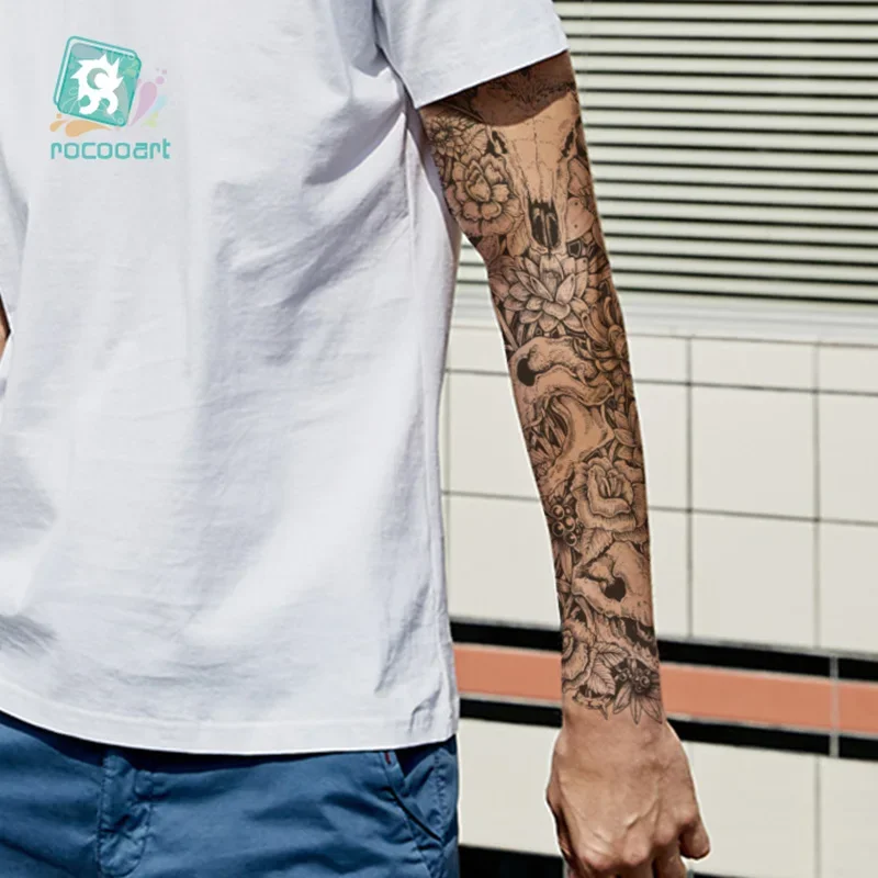 Tatuaje de manga de brazo grande para hombres, pegatina de tatuaje temporal impermeable, búho, dragón, Dios, tótem de calavera completa, tatuaje falso