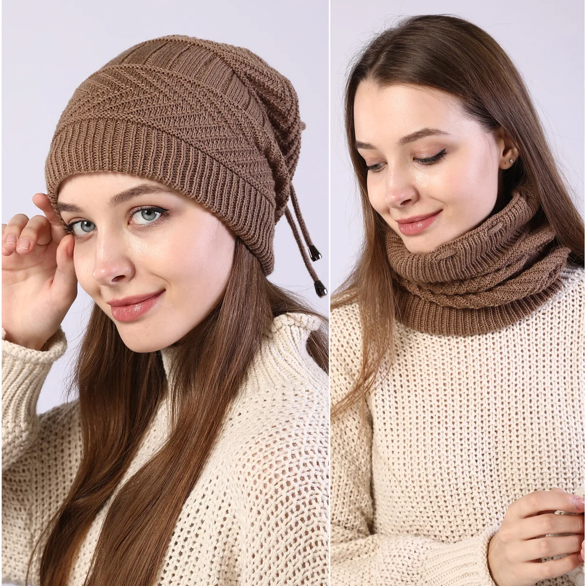 Women Double Layer Thermal Fleece Beanie Scarf Combo Winter Windproof Ear Warmer Neck Protector for Outdoor Sports Unisex​