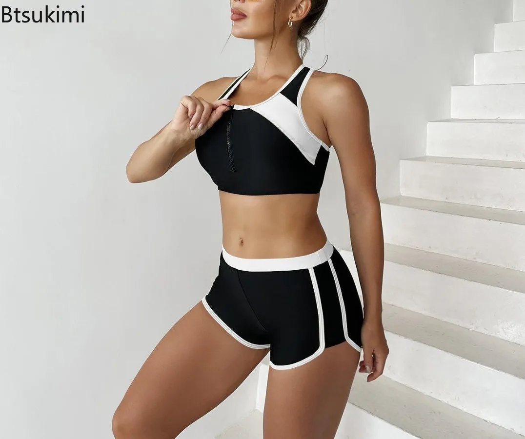2025 Two Piece Swimsuit Women Zipper Tankini Set High Waist Shorts Swimwear Female Bathing Swimming Suit Sports Beachwear Summer