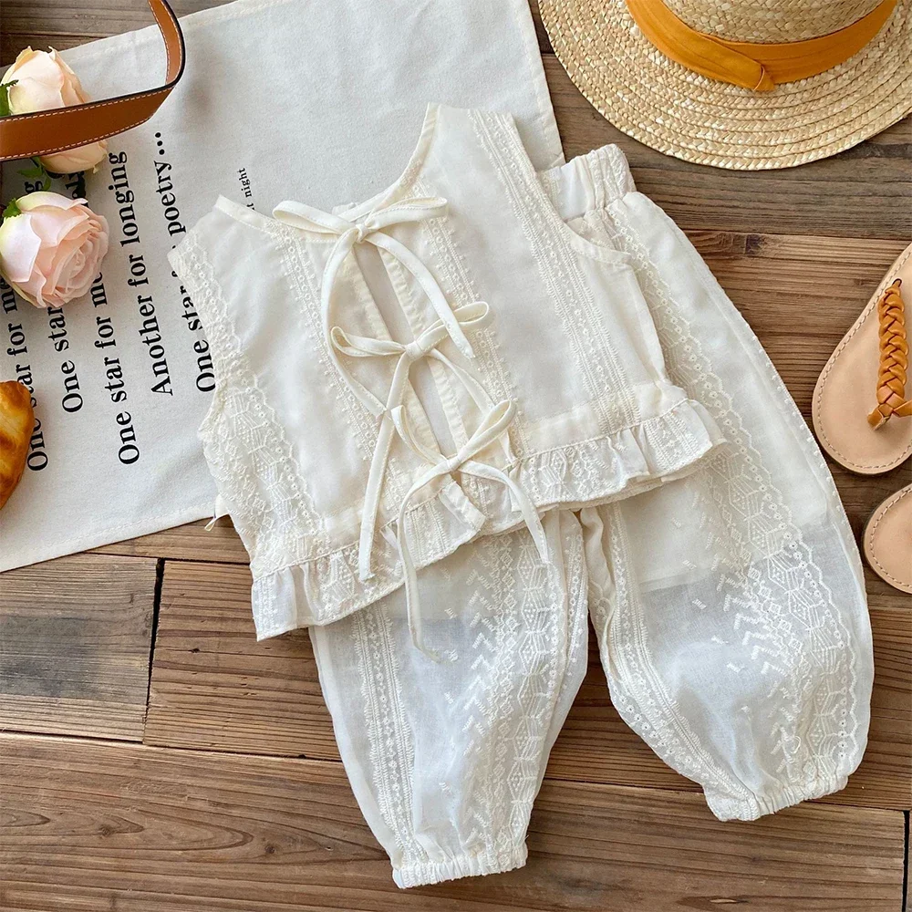 

Girls Summer Korean Clothing Sets Casual Hollow Lace T-shirt + Pants 2pcs Suit Strap Cardigan Vest Girls Clothes Outfits