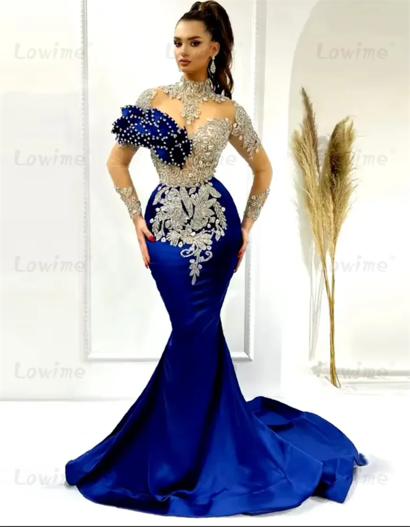 Elegant Blue Arabic Evening Dress High Neck 3D Leafs Design Mermaid Party Dresses For Wedding Customized Long Sleeves Prom Gowns