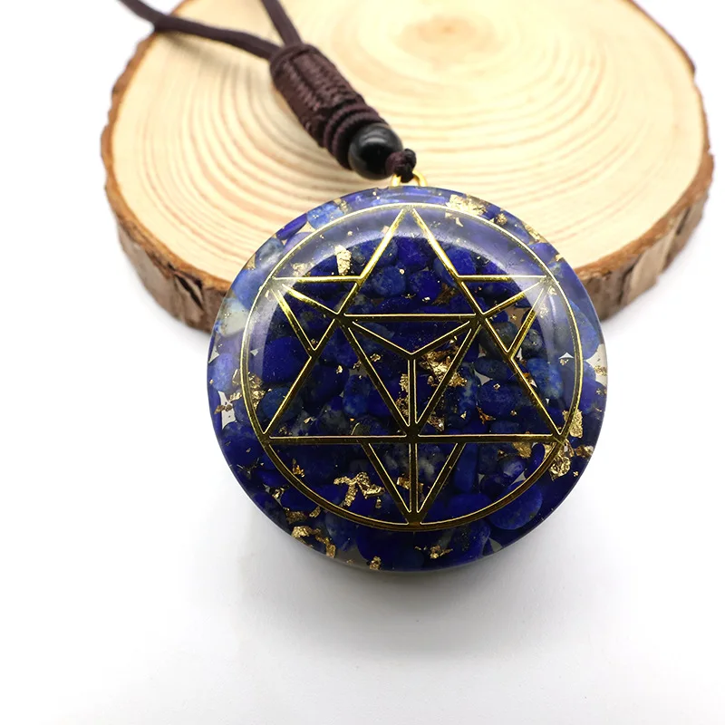 About 3.5cm round Energy Resin pendant Lapis lazuli Gravel gold hexagram protectThrout Chakras Healing Spiritual Nature Crystal