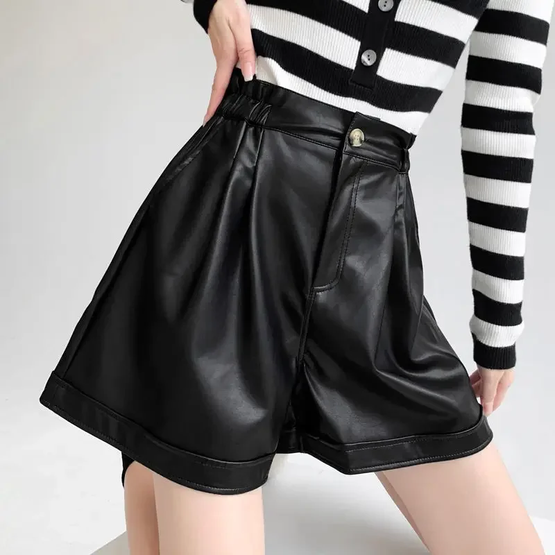 Herbst Modische Tasten Einfarbig Hohe Taille Breite Bein Hosen Frauen Kleidung Einfachheit Plissee Tasche Shorts Damen Hosen