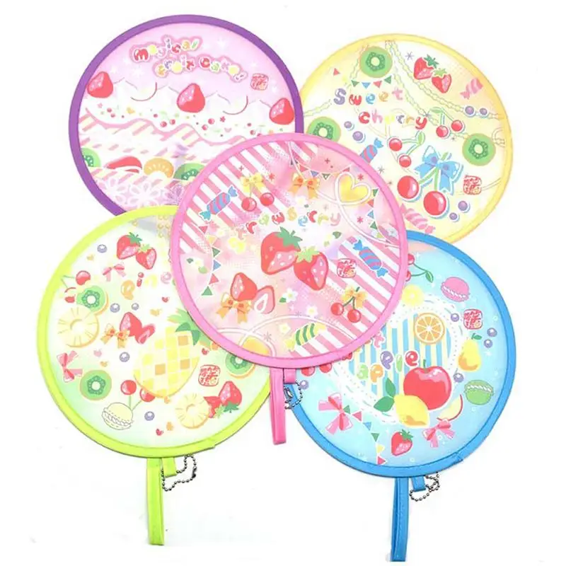Foldable Round Hand Fan Bright Cartoon Prints Portable Hanging Chain Lightweight Cooling Fan for Kids Birthday Party Favor