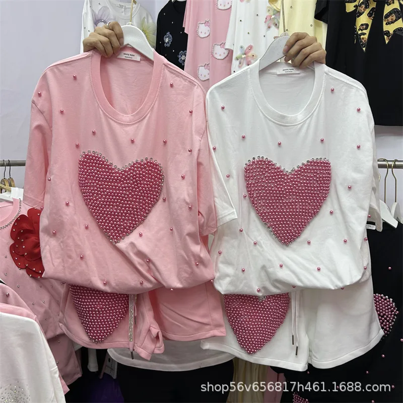 Women Diamonds Beaded Heart Shaped T-shirt Love Pearls Beaded Tees Short Sleeve Tops + elastic Waist Wide Leg Shorts 2Pcs Set