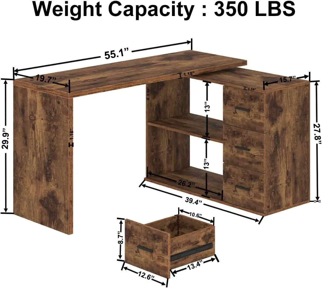 L Shape Home Office Desk with Drawers, L-Shaped Computer Desk with Storage Cabinet Shelves, Wood Executive Desk for Writing Work