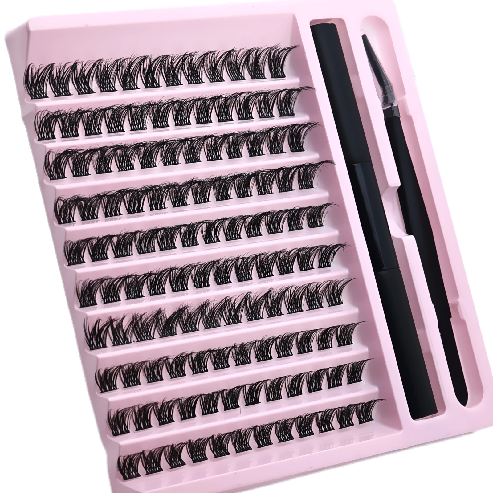 DIY Eyelash Extension Kit 10 Rows Lash Clusters with Bond Seal Tweezers and Brush D Curl Fluffy Individual Lashes