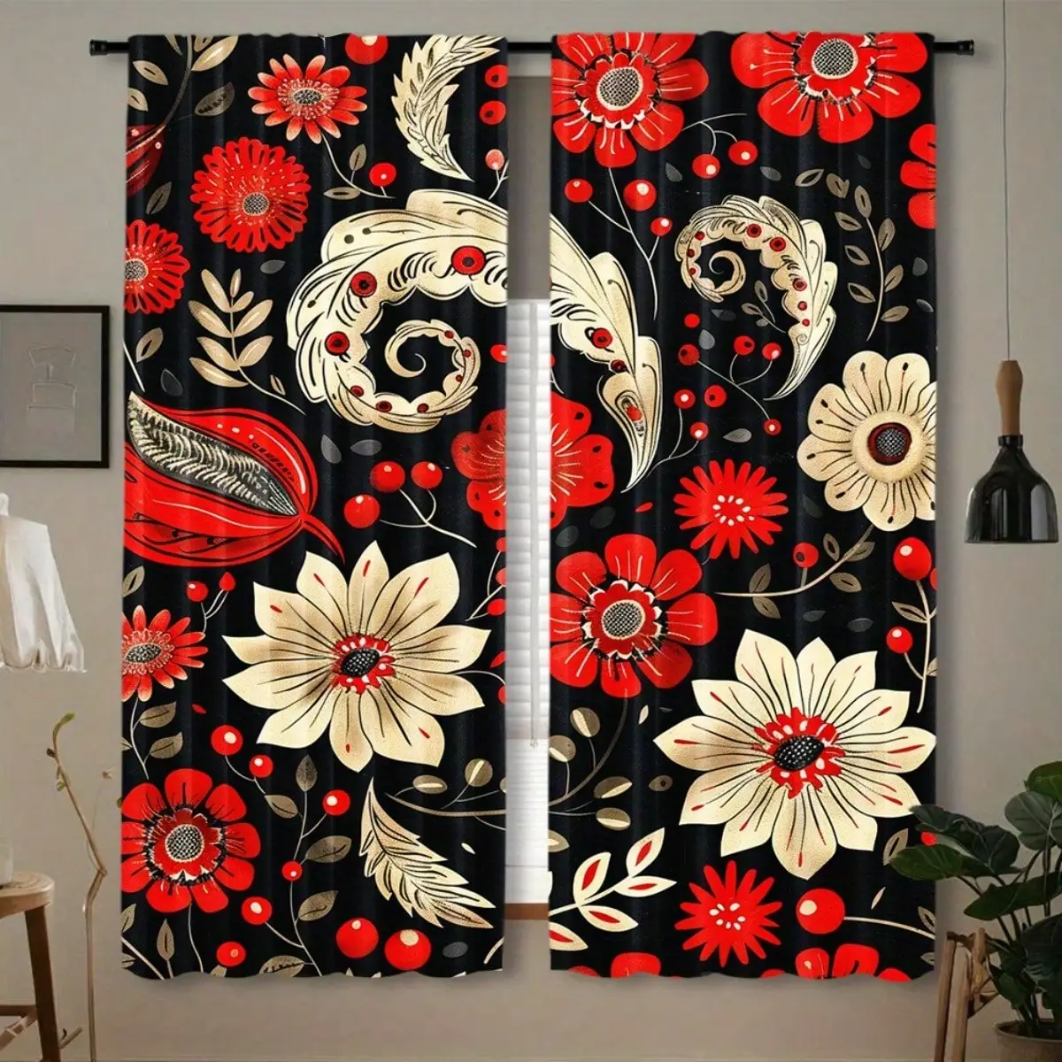 2pcs Bohemian Floral Print Window Curtains - Semi-Sheer Polyester Pongee Rod Pocket Drapes - Modern Roller Embossed Decorative