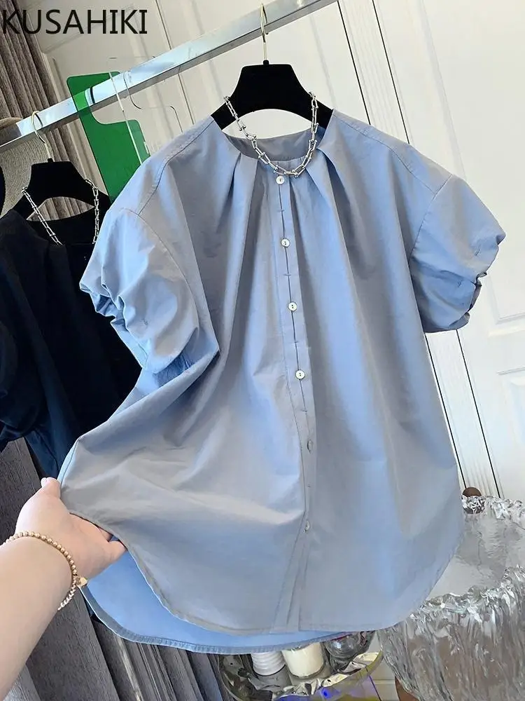 KUSAHIKI 2024 Summer French Puff Sleeves Short Sleeved Shirt Top Women Korean Fashion Round Neck Causal Blouse Camisa Feminina