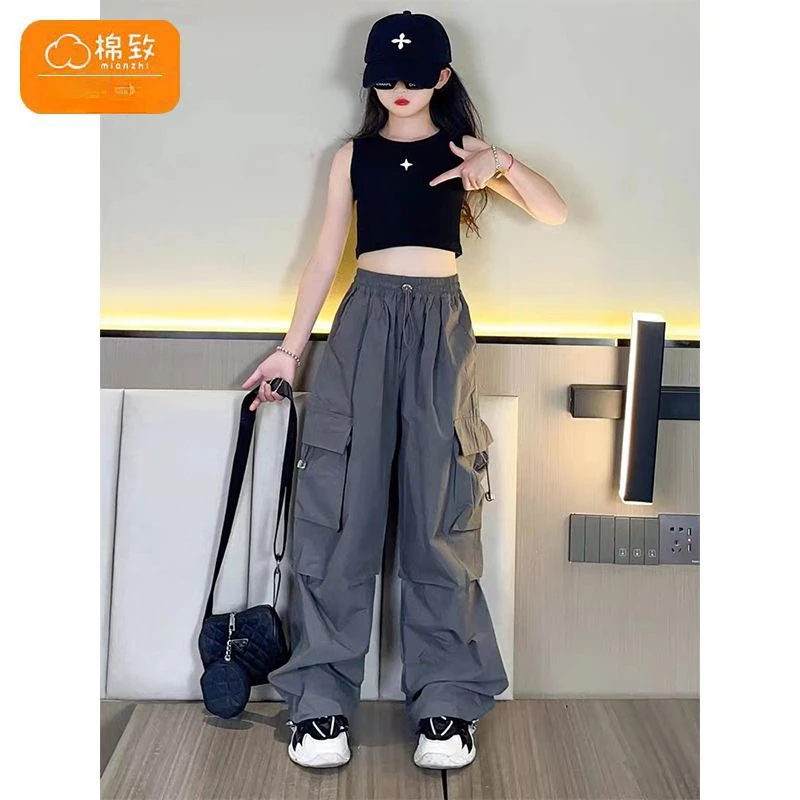 Girls Dance Pants Kids Hip Hop Joggers Pant Straight Trousers High Waist Vintage Casual Teenage Streetwear Baggy Pant 5-14 Years