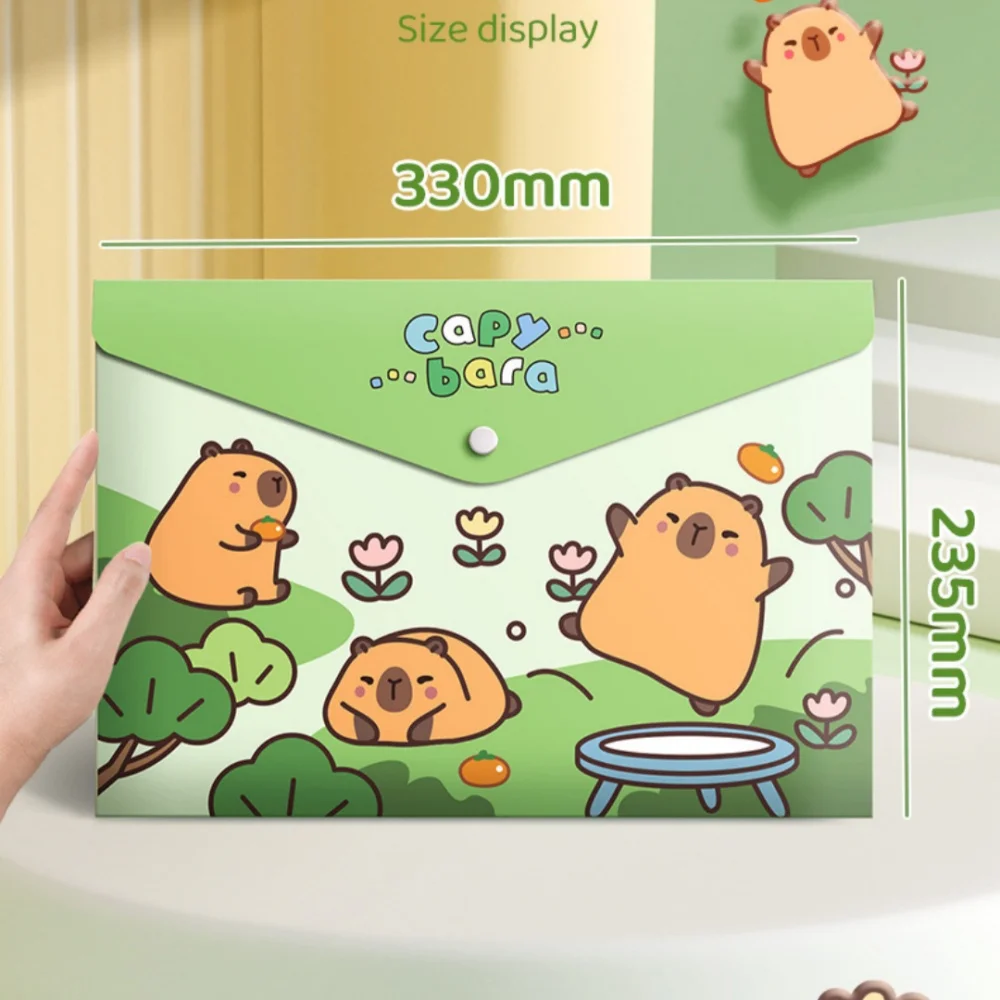 5Pcs Cartoon A4 File Folder Cute Capybara Panda File Bag Student Waterproof Transparent Test Paper Snap Stationery Storage Bag