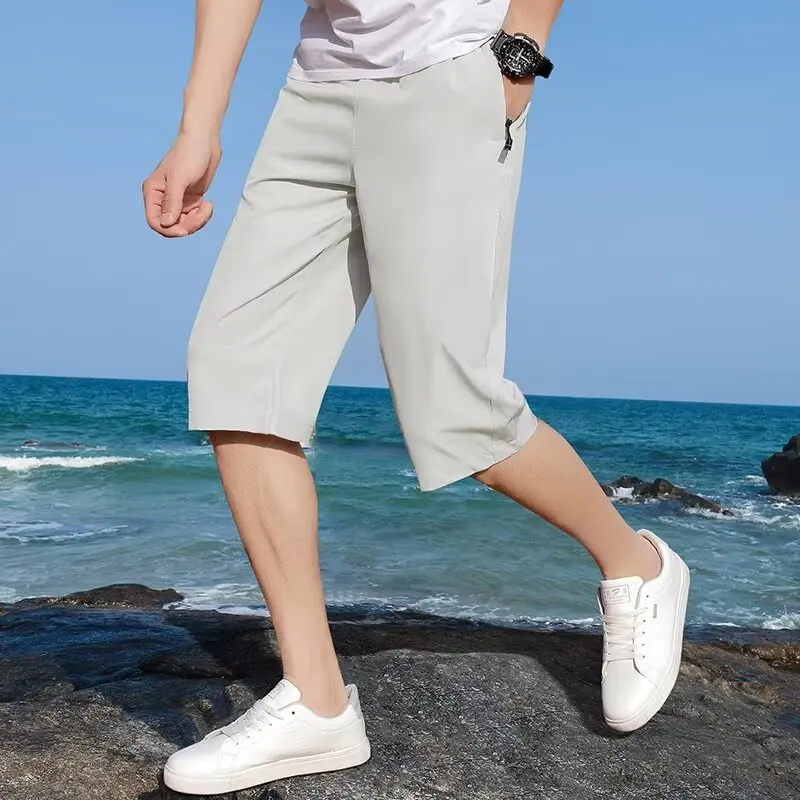 Qui Dry Ice Silk Seven-Foot Pants Men Summer Casual Sports orts Thin Mid-Pants Outdoor Wear Straight Leg Anti-Wrinkle
