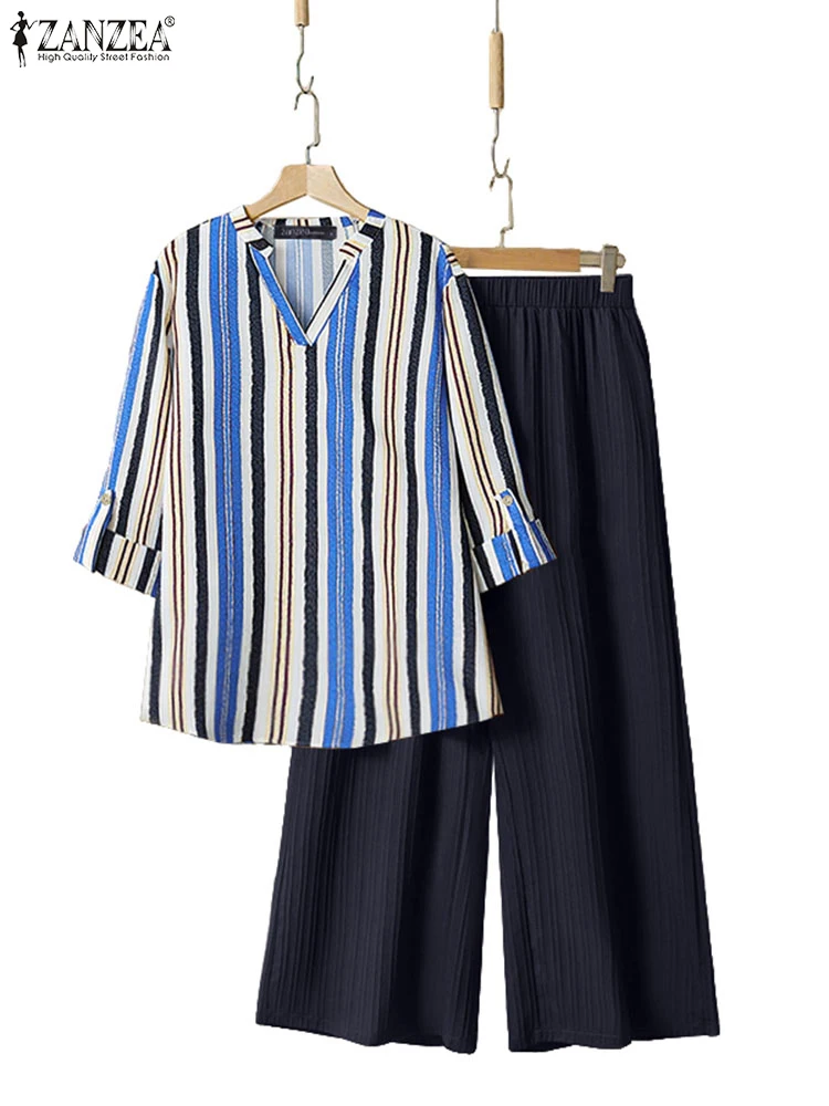 

2025 Autumn Casual Loose Striped Sets Fashion Women Blouse Pleated Trousers ZANZEA Lapel Neck Suits Outfits Ladies Matching Sets