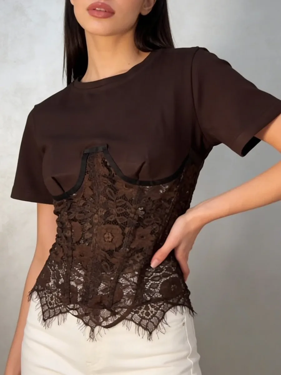 TWOTWINSTYLE Elegant Slimming Sheer Spliced Lace T Shirts for Women Round Neck Short Sleeves Patchwork Bodycone T Shirt Female