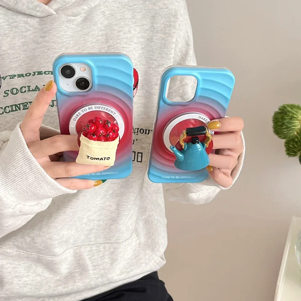 2in1 Originality Ripple Pattern Stereoscopic Tomato Kettle Magnetic With Holder Phone Cover Case For iPhone 15 14 13 12 Pro Max