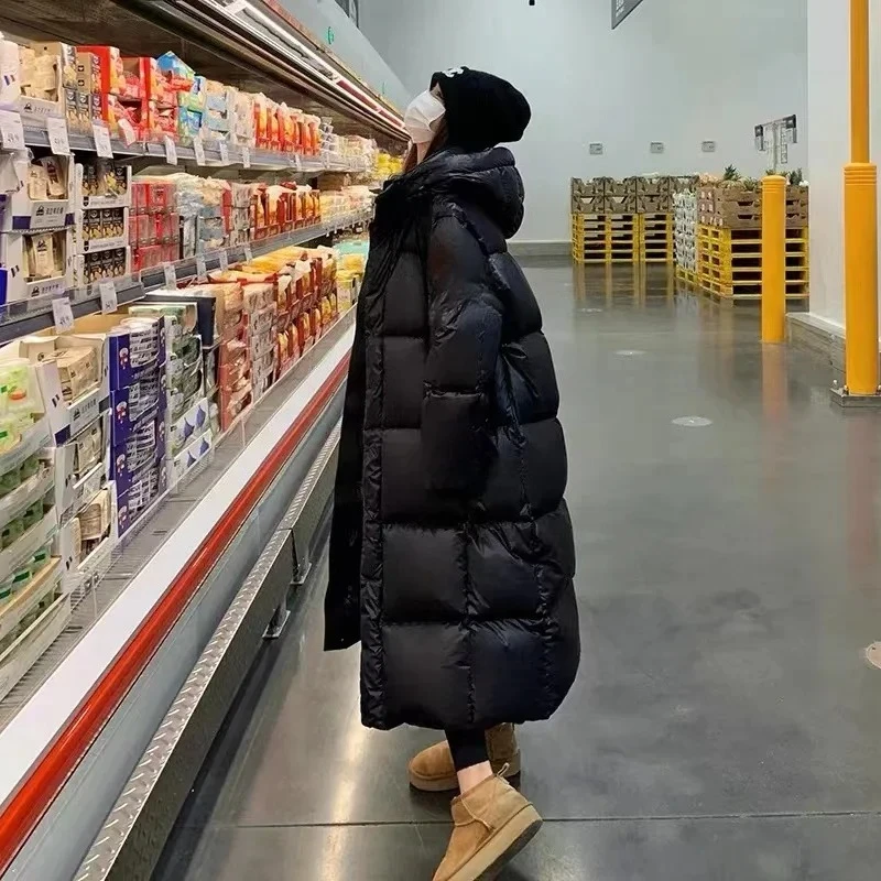 Black Gold Down Cotton Jacket for Women 2025 New Winter Thickened Over Knee