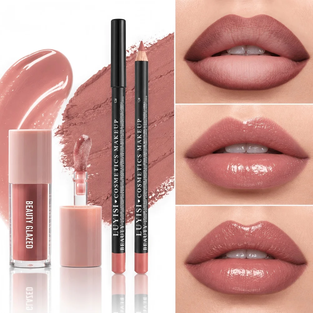2pcs Lip Kit Set,1pc waterproof lip liner for outlining lips,1pc moisturizing liquid lipstick,Matte&Glossy Finish,Natural Combo