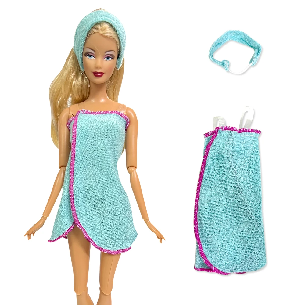 NK 1 Set Doll Blue pool towel, beach strap towel dress+hair band For Barbie Doll Professional accessories for swimming TOYS