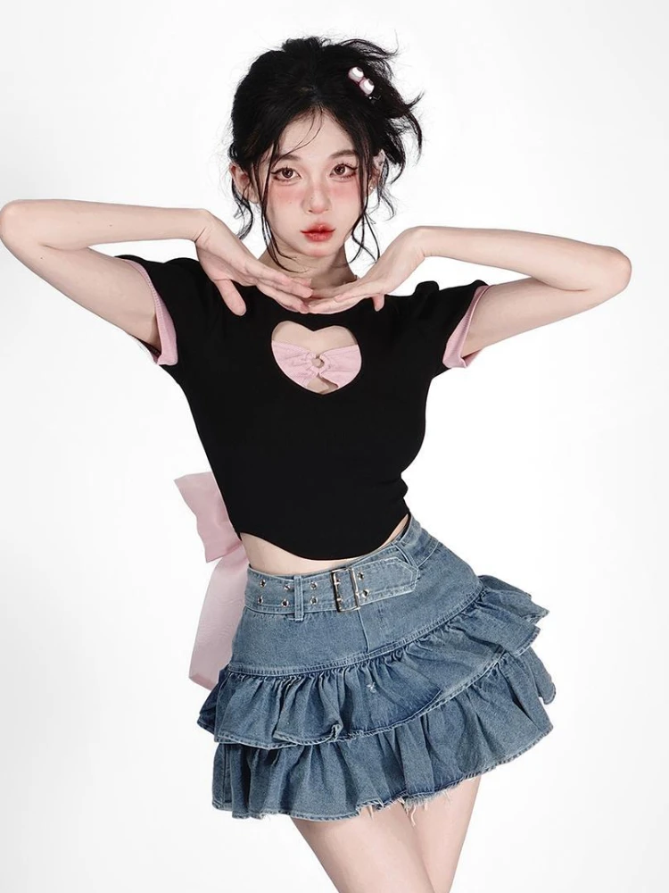 T-shirts Women Kawaii Bandage Hotsweet Chic Hollow Out Design Sexy Crop Tops Ulzzang Summer Party Aesthetic Streetwear Popular