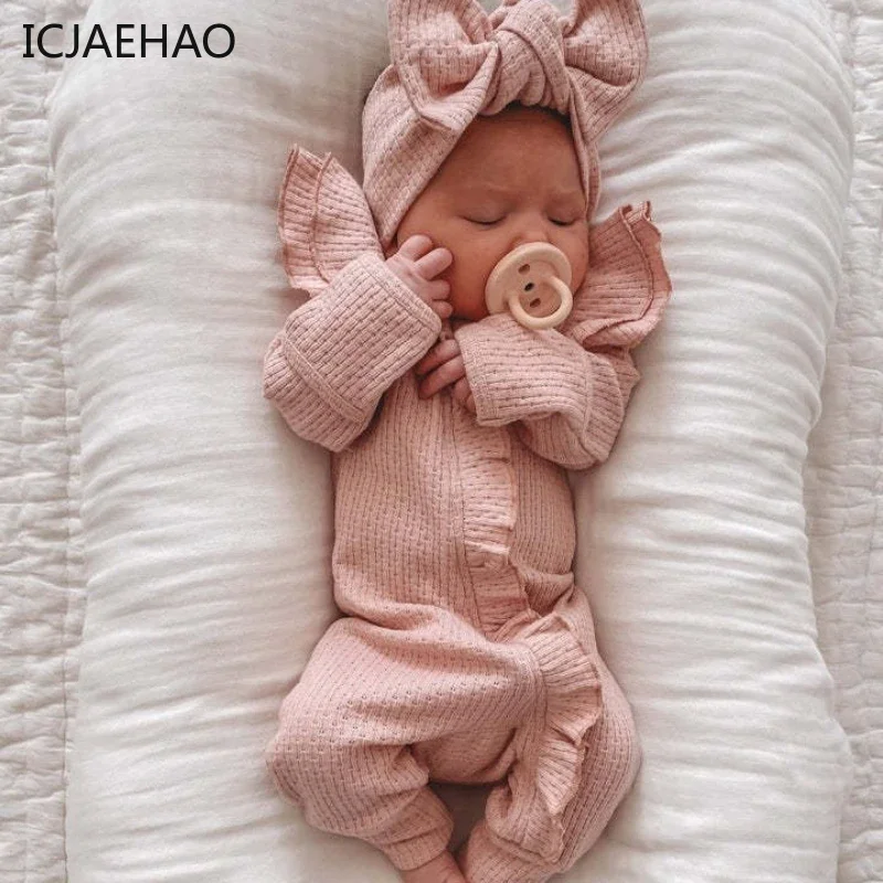 ICJAEHAO Newborns Girl Baby Jumpsuit Autumn Outfit Matching Long-Sleeved Foot Knitted Stretch Wafflet Jumpsuits Overalls Clothes