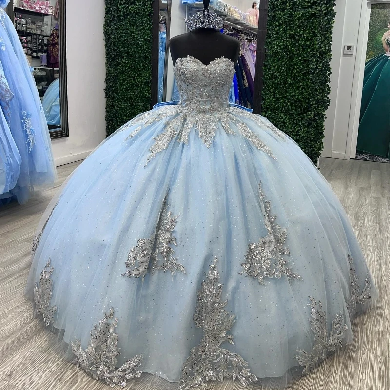 

Customized Sky Blue Shiny Quinceanera Dresses Ball Gown Off Shoulder Appliques Lace Bow Beads Tull Sweet 16 Dress Vestidos De 15