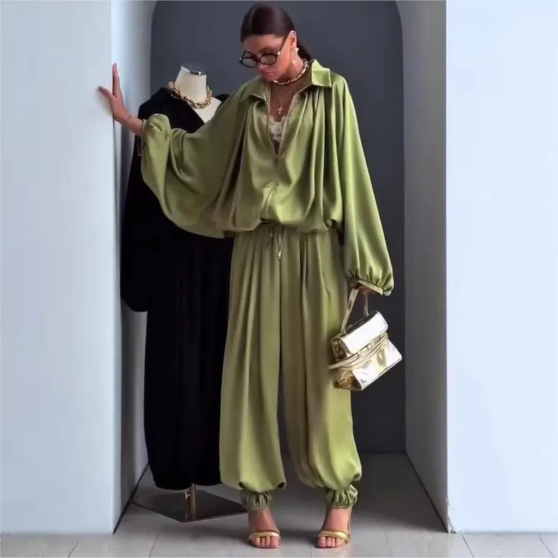 Spring Autumn Long Sleeve Two Piece Set Woman Outfit 2026 Fashion Solid Color Loose Tops And Wide Leg Pants Sets Casual - view 2