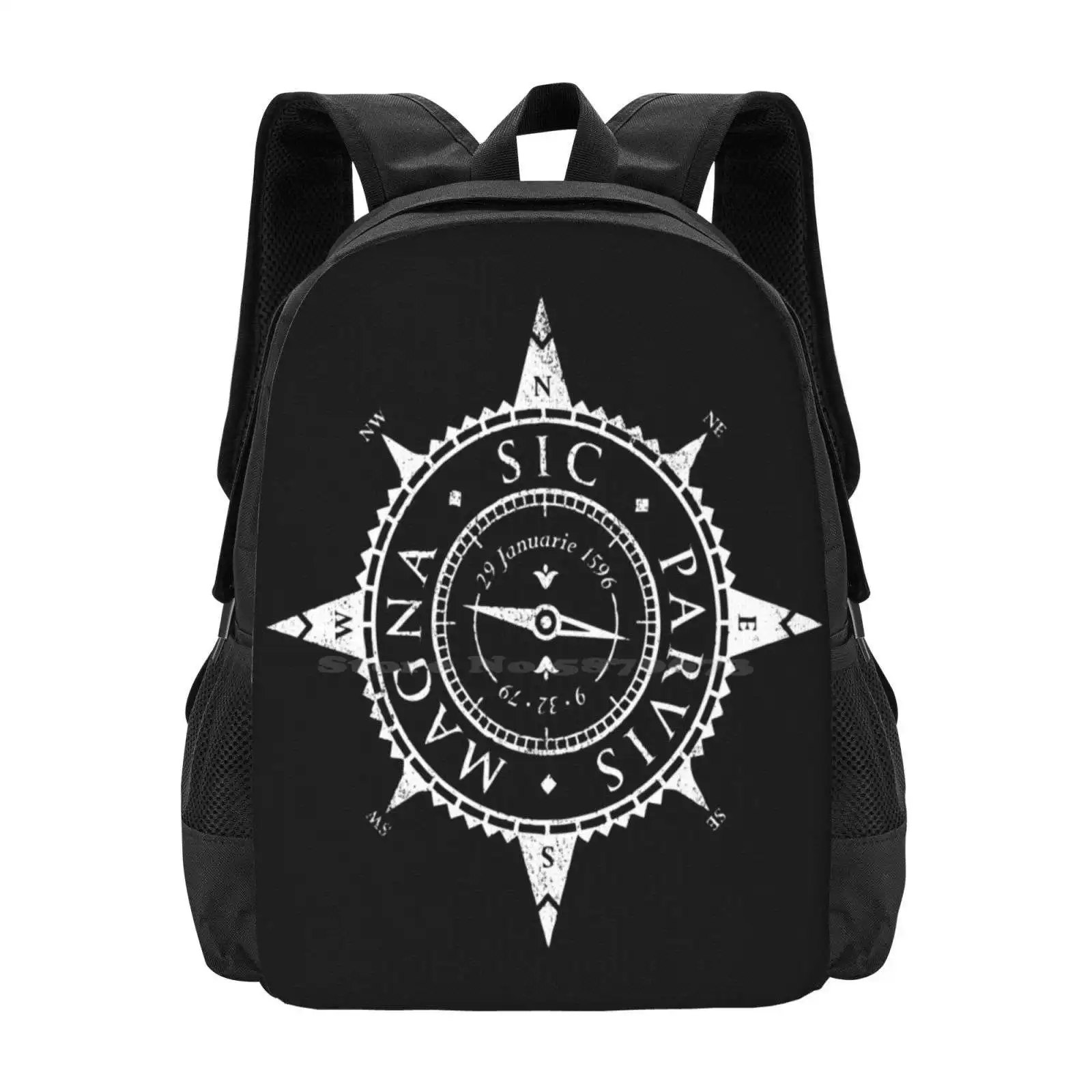 Uncharted Adventure ( White ) Backpack For Student School Laptop Travel Bag Uncharted Game Compass Sic Parvis Drakes Ring Latin