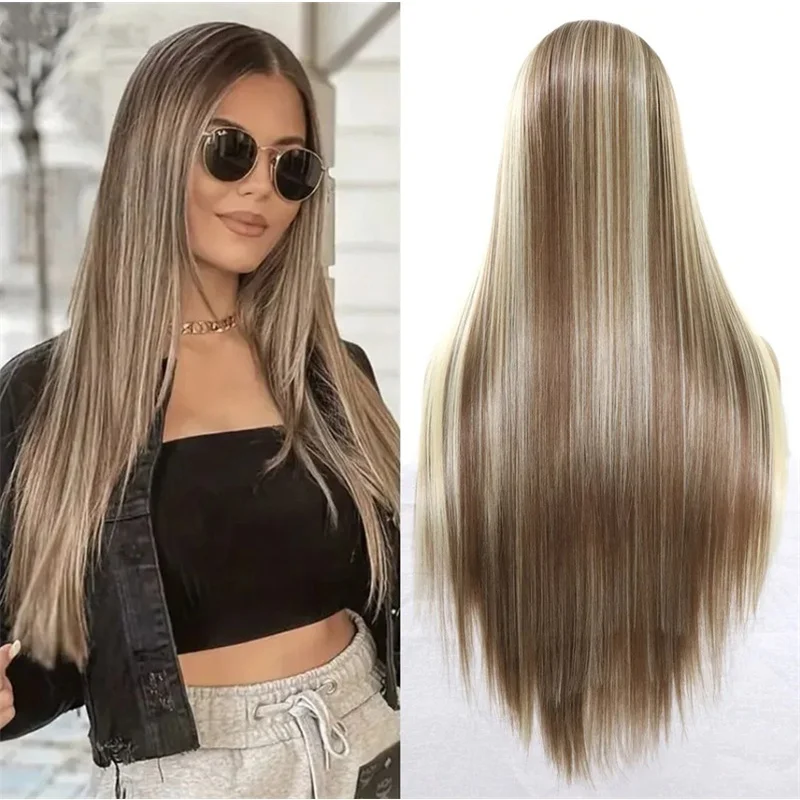 

Коричневые парики Ombre Wear и бесклеевые, предварительно сорванные для женщин, синтетические парики спереди, блондинка, длинные прямые парики, 24 дюйма