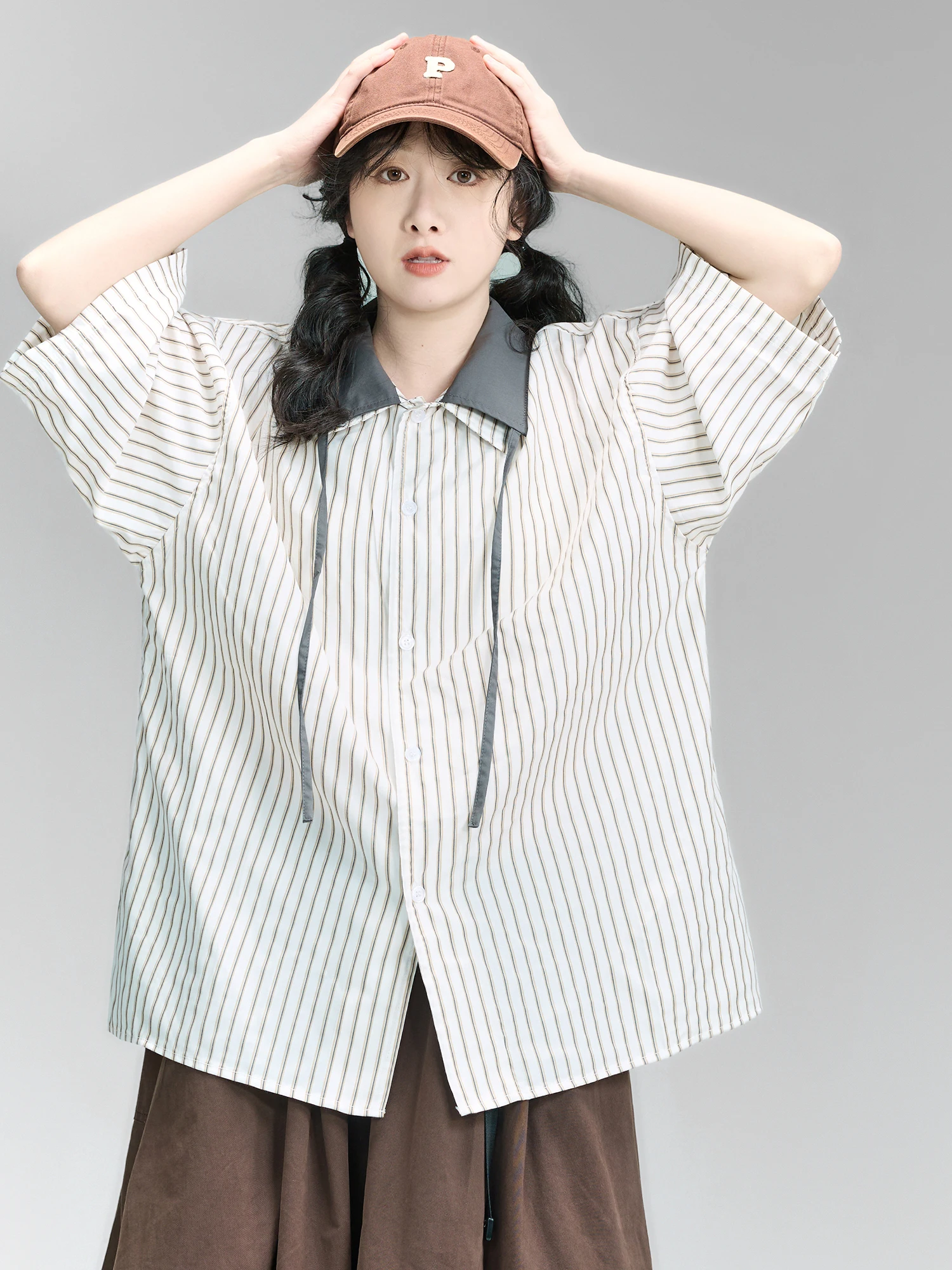 

Retro Japanese Design Striped Short Sleeve Pure Cotton Casual Shirt Unisex Loose Fit Summer New Style Two-Piece Look Women's ...