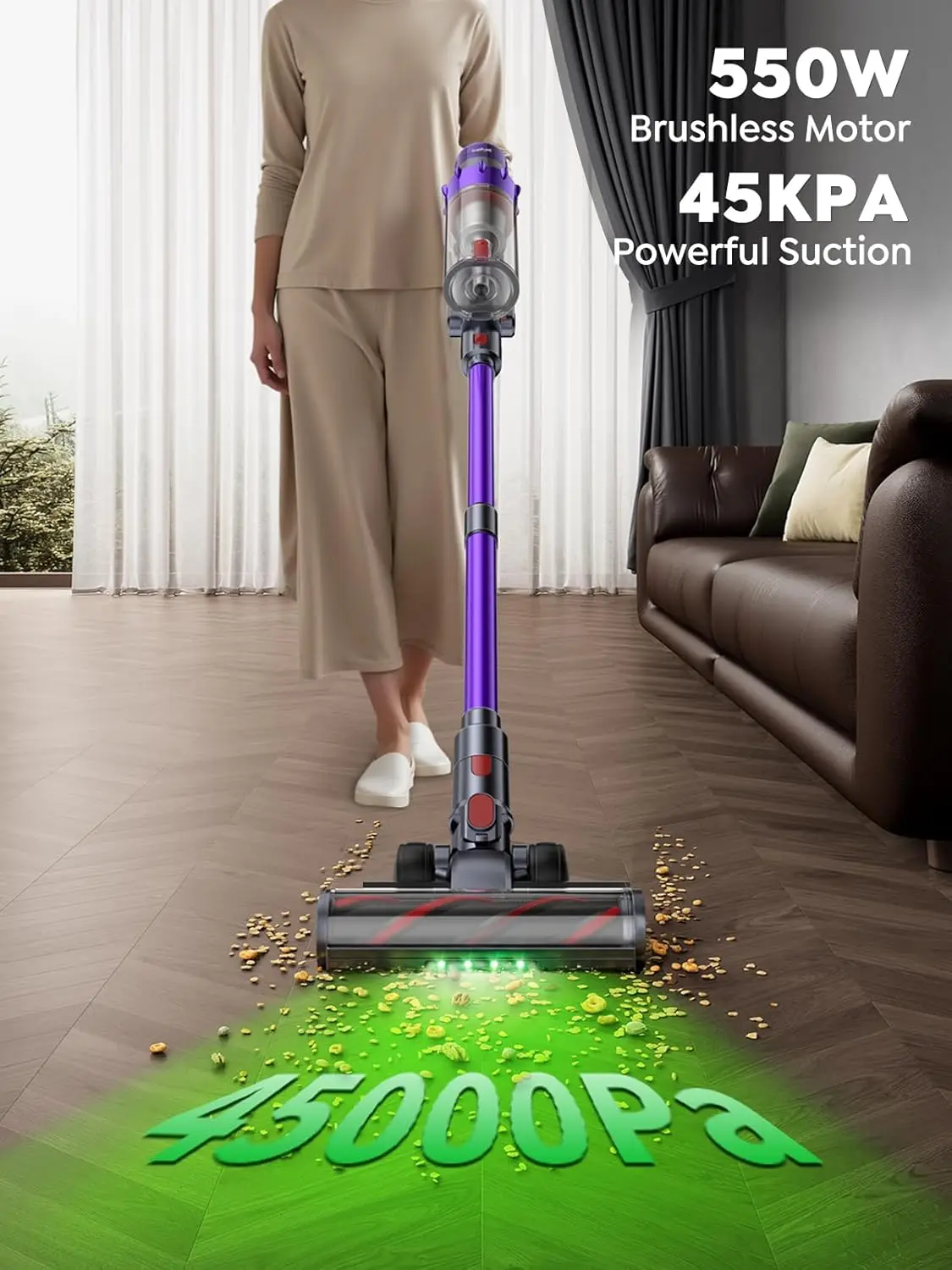 Cleaner, 550W 45KPA 60 Mins Runtime Vacuum Cleaners for Home, Stick Vacuum with Self-Standing, Wall Mount Charging and Intellige