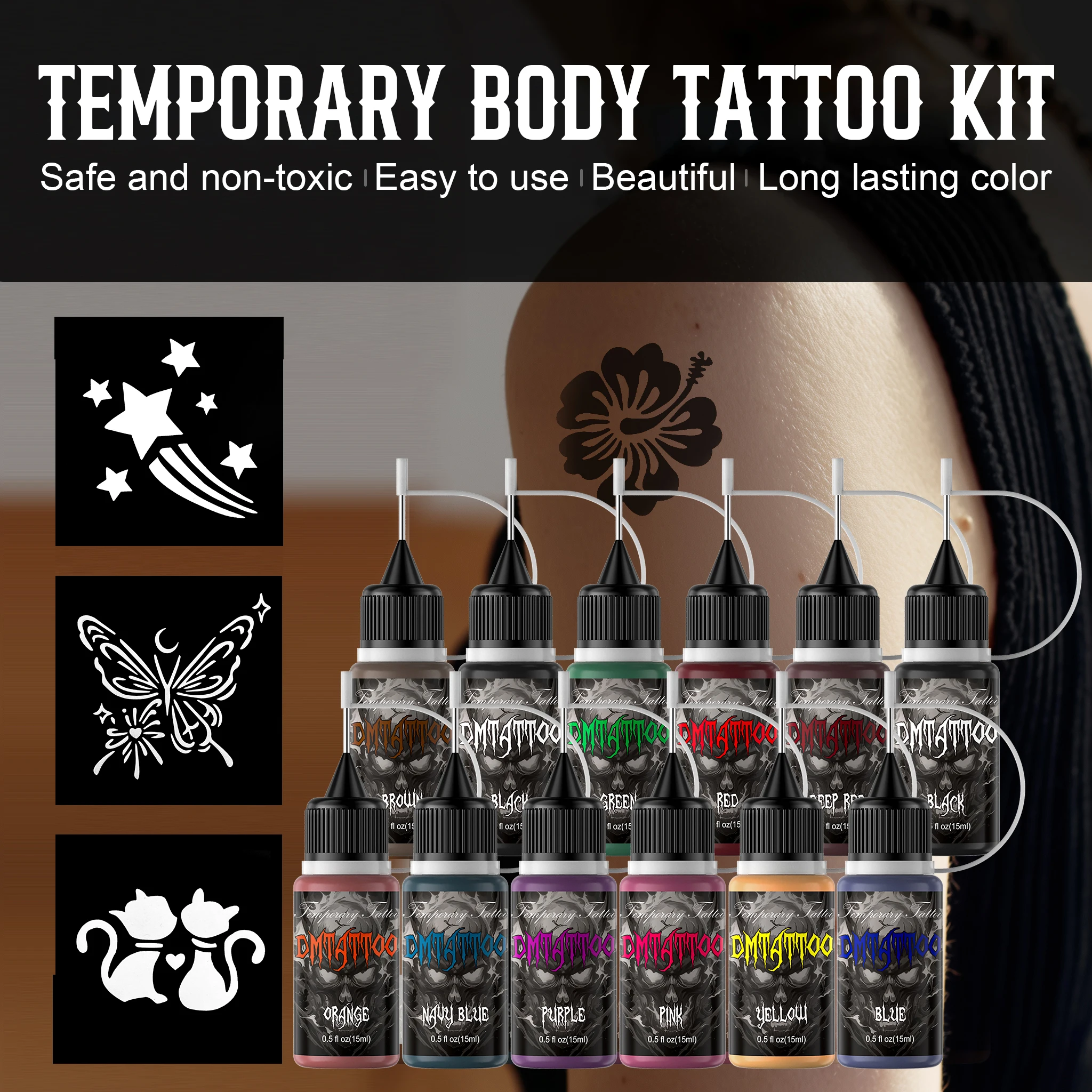 ครีมเฮนน่าสีน้ำตาลธรรมชาติออร์แกนิค 12 ชิ้น ชุดครีมเฮนน่าสำหรับสักลายชั่วคราว ครีมเฮนน่ากึ่งถาวร