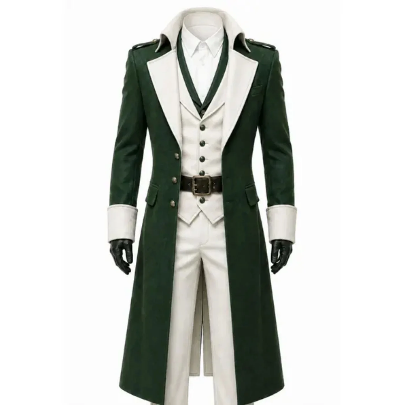 Men Vintage 3 Pieces Long Coat Set Green White Contrast Lapel Slim Fit Formal Tailcoat Suit Jacket Vest Pants Customized