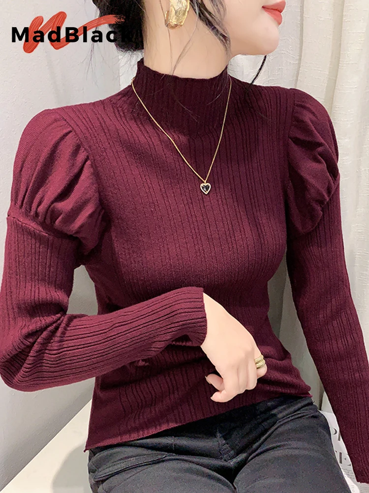 

MadBlack European Clothes Sweater Women Turtleneck Slim Warm Knit Tops Long Puff Sleeve Pullovers Autumn Winter New T30860JC