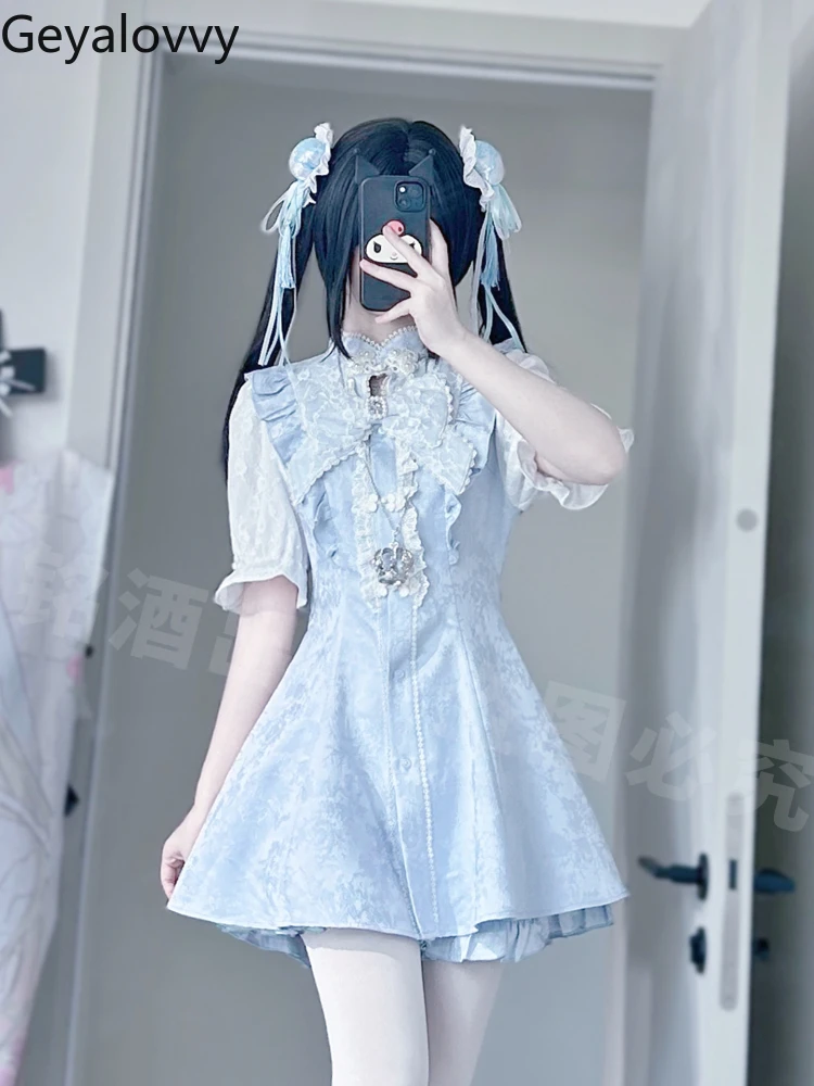 

Japanese Y2k Mine Suit Summer Sweet Short-sleeved Top Chinese Lace Slimming Black White Dress and Base Shorts Two Piece Set
