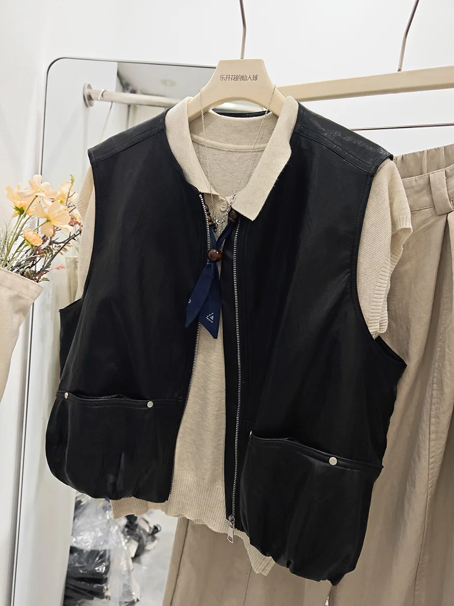 

Корейский жилет из мягкой искусственной кожи, женский повседневный модный осенний топ, круглый цвет на молнии, удобный для поездок на работу