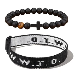 2 Pcs/Set Black WWJD Letter Jacquard Knit Wristband Cross Bead Bracelet For Men Christian Jewelry