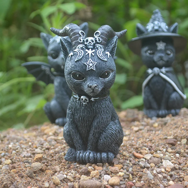 Garden Witch Cat Sculpture Gothic Kitten Decoration Halloween Magic Cat Statue Resin Craft Ornament Home Outdoor Courtyard Decor