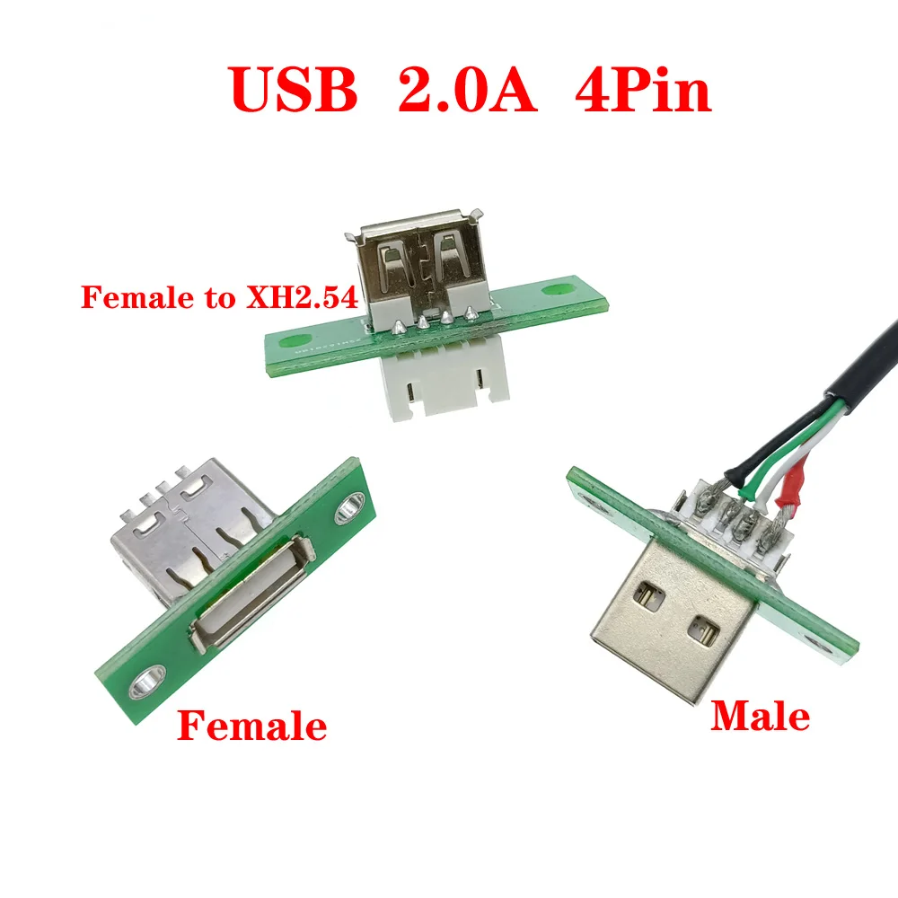 USB 2.0A 4Pin Panel mounting Charging interface 4Pin female seats to XH2.54 Panel adapter board 4Pin male with wire