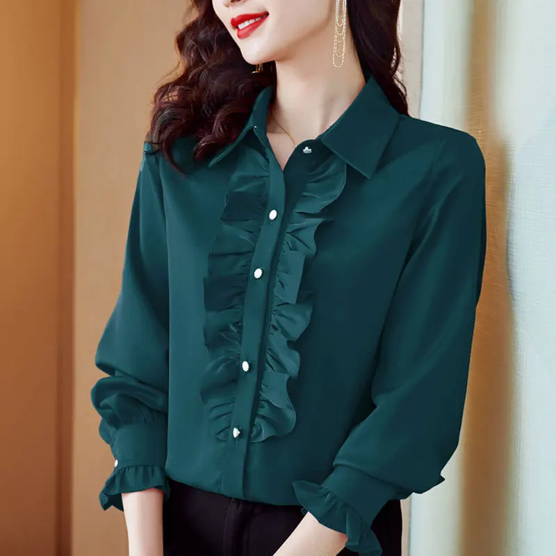 Women\'s Clothing Solid Color Ruffles Patchwork Blouse Spring Autumn New Elegant Single-breasted Commute All-match Straight Shirt