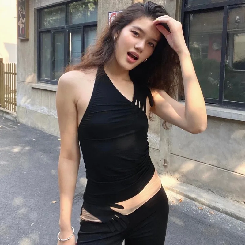 

Сексуальный однотонный короткий укороченный топ без рукавов с вырезом для женщин, лето 2024, модный европейский и американский стиль