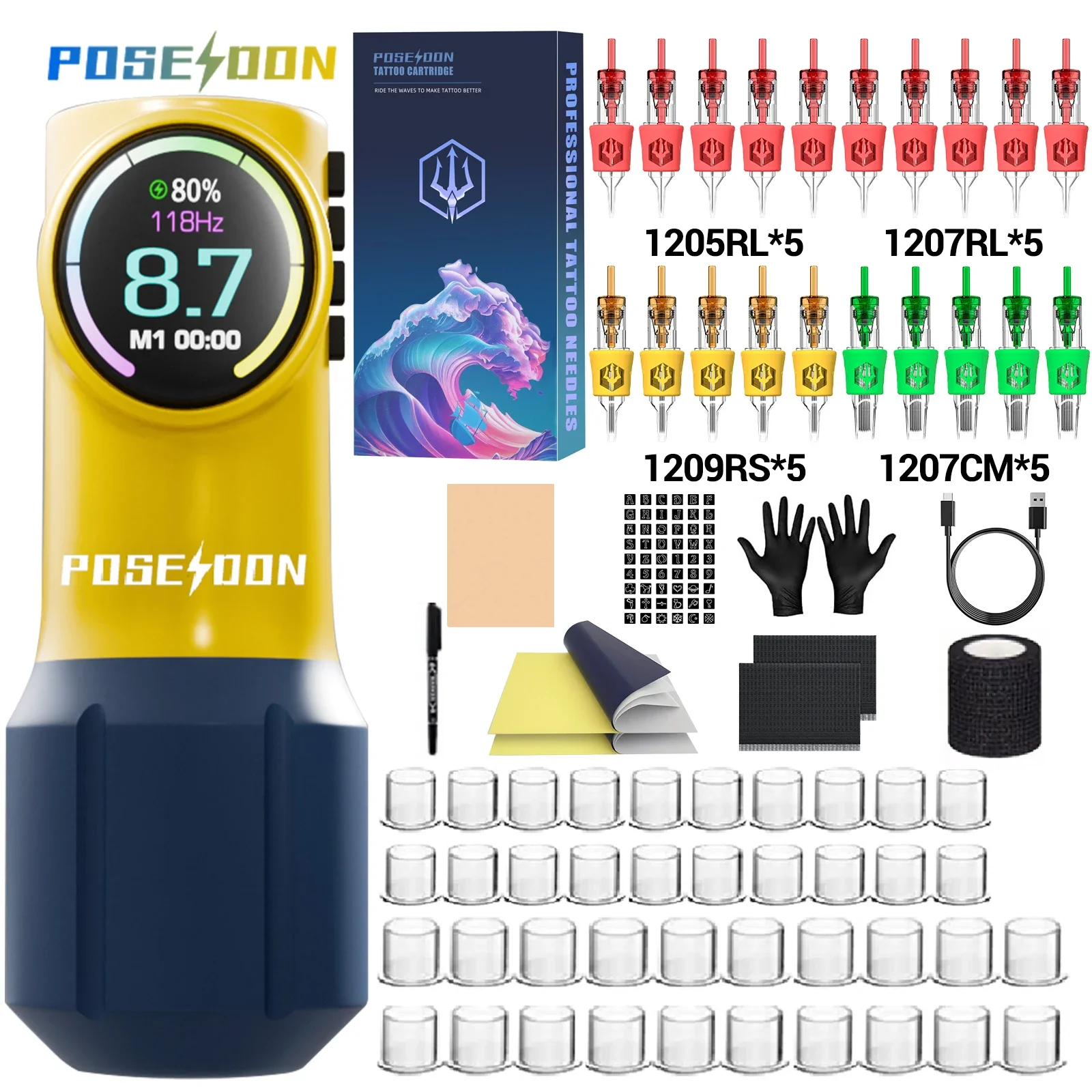 POSEIDON Tattoo-Set, gelbes Tattoo-Stift-Set für Permanent-Make-up, Tattoo-Maschinen-Set, kabelloses Tattoo-Stromversorgungsset, Tattoo-Pistolen-Set