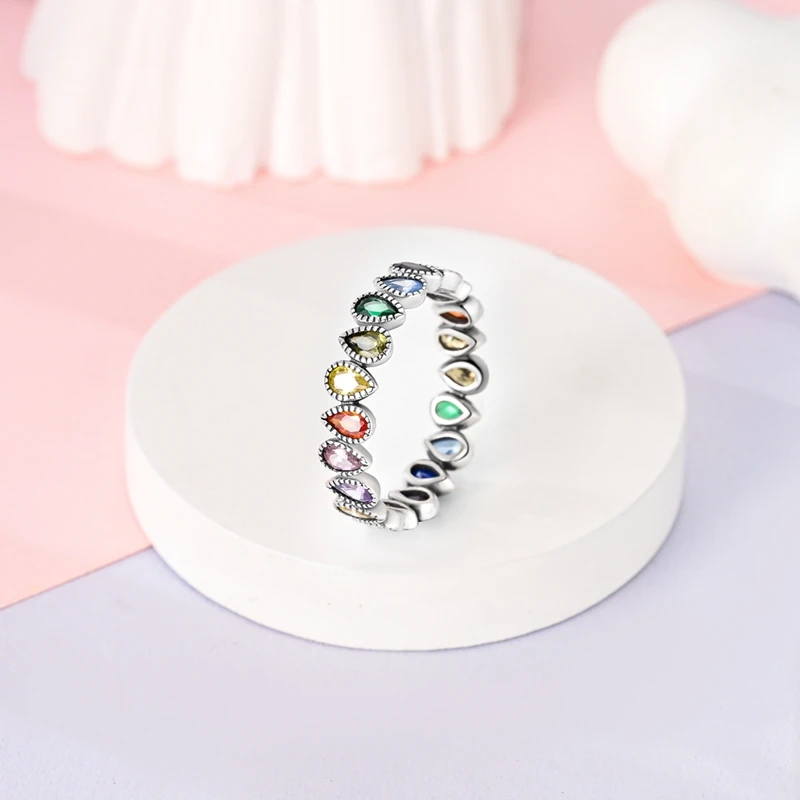 Original 925 Sterling Silver Rainbow Waterdrop Ring For Women Girls Jewelry Birthday Anniversary Gifts