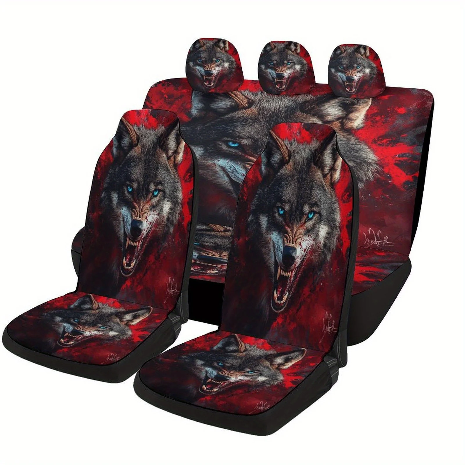 Angry Wolf Themed Car Seat Cover Set For Most Cars, Fashion Personalized Novelty Car Seat Protector Covers Full Set, Universal C