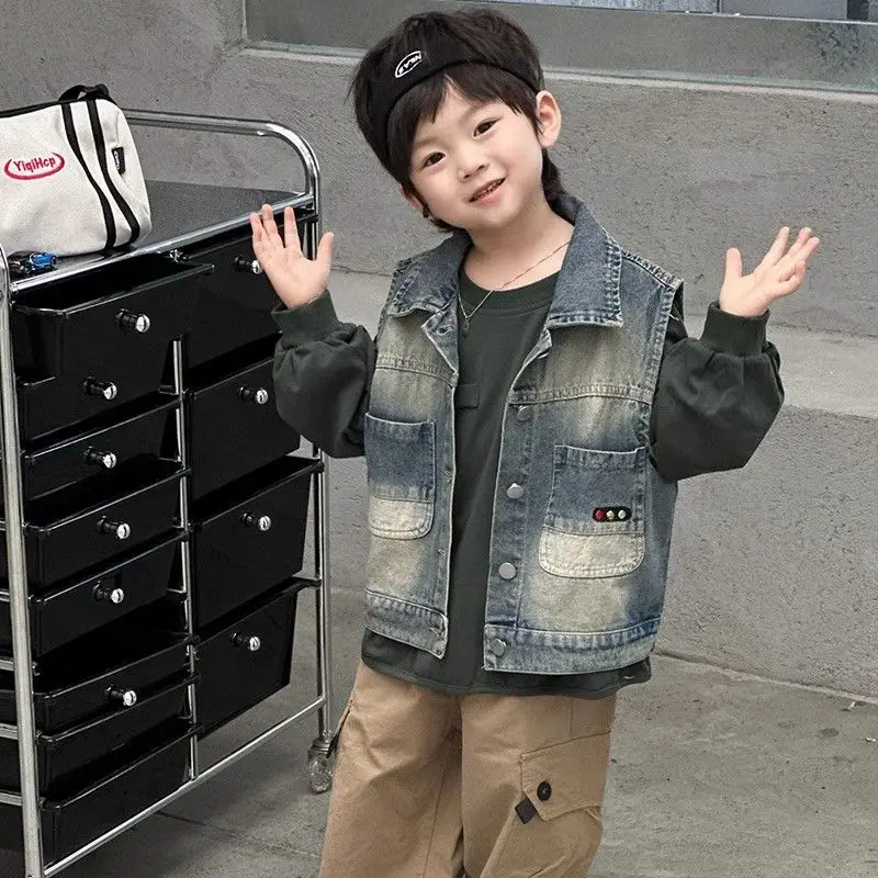 3-11Y Children's Denim Vests Coats Autumn Spring Traffic Lights Waistcoats for Boys Kid's Casual Outerwear Clothes H137-36