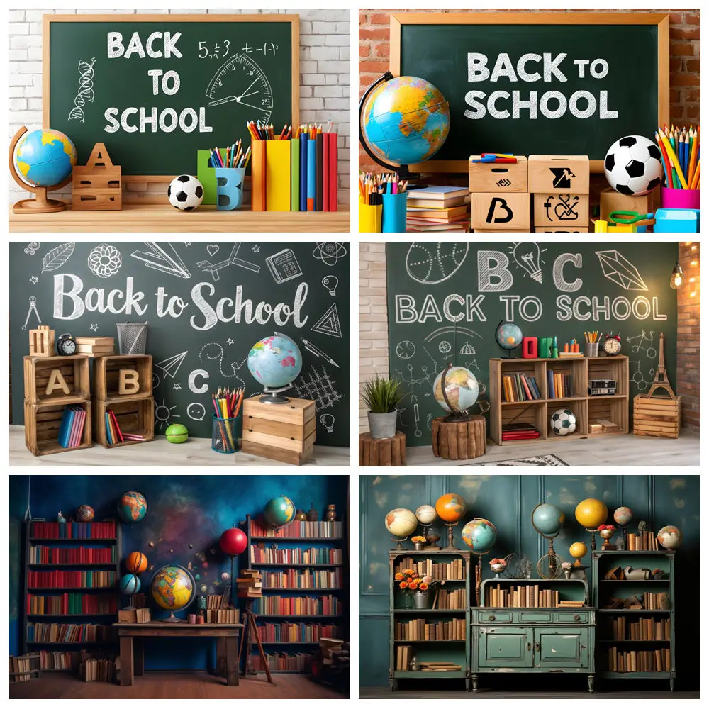 

Back To School Backdrop For Photography Book Pencil Chalkboard Globe Study Baby Classroom Decor Background Photo Studio Props