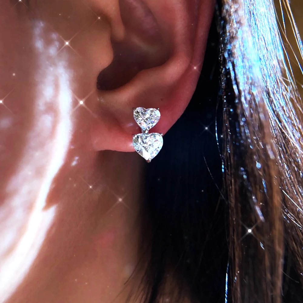 BXINY Double Heart Cut Moissanite Drop Earrings 100%S925 Silver Certified Diamond Ear Studs for Women Wedding Bride Gift Jewelry