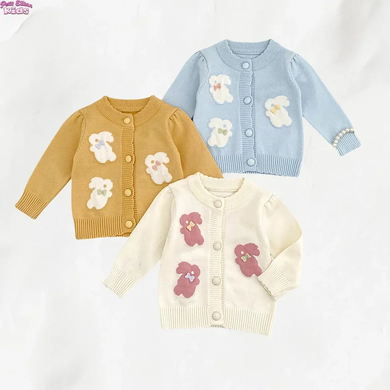 

Toddler Girl 0-2Y Baby Girl Knitwear Knit Cardigan 3D Rabbit Applique Soft Button Up Sweater Cute Casual Multi Color Outfit